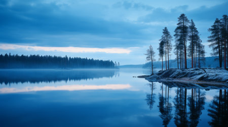 the photo showcases the breathtaking transformation of the natural landscape into a mesmerizing wonderland during the blue hour in ivalo. shot with a canon 5d, this high-quality, 16k, hd image captures the minimalist beauty of the scene, creating a transparent and ethereal atmosphere. ai generatedの素材