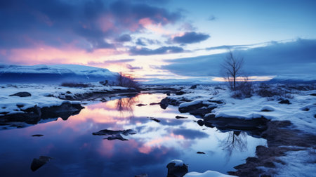the photo showcases the breathtaking beauty of abisko as the blue hour envelops the natural landscape. with a minimalist and transparent aesthetic, this high-quality, 16k hd image captures the enchanting transformation. shot with a canon 5d, it immerses viewers in the mesmerizing allure of this magical wonderland. ai generatedの素材