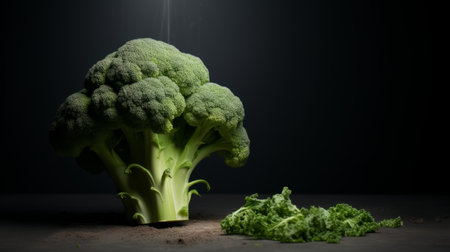 a high-resolution, commercial-ready photograph showcasing a vibrant broccoli against a sleek, minimalist dark background. this realistic image, captured in stunning 8k resolution, is perfect for commercial photography purposes. ai generatedの素材