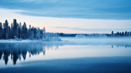 the photo showcases the breathtaking transformation of the natural landscape into a mesmerizing wonderland during the blue hour in ivalo. with a minimalist composition, the image captures the ethereal beauty of the surroundings. shot with a canon 5d, this high-quality, 16k, hd photograph is a stunning display of transparency and visual excellence. ai generatedの素材