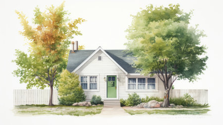 a cozy cottage, depicted in watercolor paint, stands out against a white background. the artwork showcases the hyperrealistic style of pencil drawings, with vibrant shades of green and light amber. the highly realistic details make this piece visually captivating, resembling a hyper-realistic pop art creation. ai generatedの素材