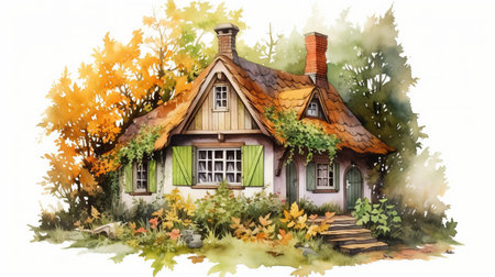 a cozy cottage, depicted in watercolor paint, stands out against a white background. the artwork showcases the hyperrealistic style of pencil drawings, with vibrant shades of green and light amber. the highly realistic details make this piece visually captivating, embodying the essence of hyper-realistic pop art. ai generatedの素材