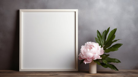 blank wooden frame with a single peony in front, placed on a board against a gray wall. material selection shot showcasing the natural light and the elegant combination of wood and flower. ai generatedの素材