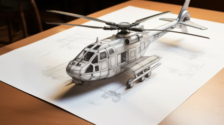 a minimalistic, cartoon-style sketch of a helicopter on paper, with a perspective that gives the impression of it driving slightly towards the viewer. the sketch features a simple outline, capturing the essence of the helicopter in a playful and artistic manner. ai generatedの素材