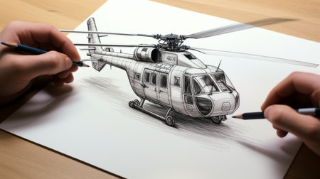 a minimalistic, cartoon-style sketch of a helicopter on paper, with a perspective that gives the impression of it driving slightly towards the viewer. the sketch features a simple outline design, capturing the essence of the helicopter in a playful and artistic manner. ai generatedの素材