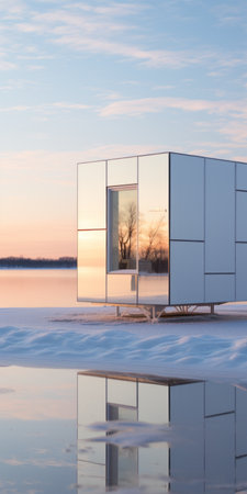 a unique tiny home cube form with neoclassical architecture stands in the plain of snow beside a lake. its white silver reflective metal panels glisten under the bright blue skies and open horizon. this portable home showcases a cool parametric design, making it a standout in its surroundings. ai generatedの素材