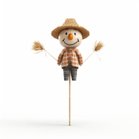 a farm scarecrow on a stick, depicted in a simple and minimalistic style reminiscent of childbook drawings. the soft and rounded forms give it a charming appeal. this 32k uhd photograph by oscar dominguez captures the essence of the scarecrow. with influences from oshare kei, it stands isolated on a white background. ai generatedの素材