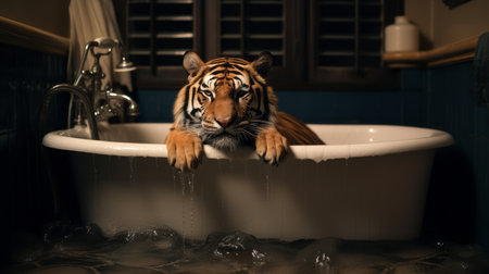 tiger in a big tub wearing a long sleeve shirt, captured in a surrealistic style of photography. this animated gif showcases the unique concept of "mommy's on-the-phonecore" with a touch of aurorapunk. the minimalist canvas and the use of canon eos 5d mark iv create a soggy yet captivating visual experience. ai generatedの素材