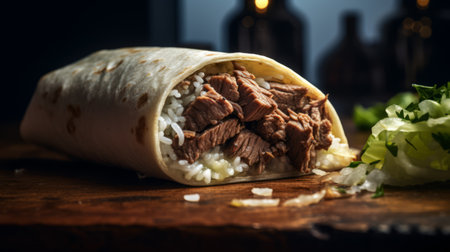 a mouthwatering burrito, made with a tender, lean cut of beef from the tenderloin, is beautifully captured in this professional pastel color room. the soft shadows and even lighting create a visually appealing image, enhanced by the use of a low f-stop of 1.2 for a shallow depth of field. this macro photograph, taken with film, showcases the delicious details of the burrito. ai generatedの素材