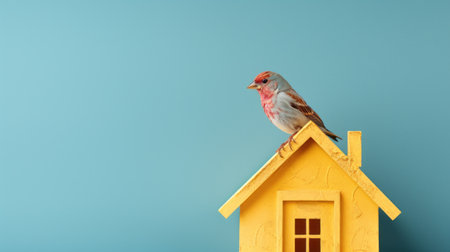a unique house finch with a vibrant yellow plumage stands out against a minimalist plaster background. the iridescent turquoise feathers of this kingdom house finch catch the light, creating a stunning visual display. this captivating photo captures the beauty of nature in a kodak moment. ai generatedの素材