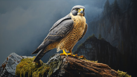 a stunning realism painting capturing the beauty of a unique peregrine falcon with vibrant yellow feathers, shining like zircon. the iridescent colors create a mesmerizing effect, making this artwork a true representation of the kingdom of peregrine falcons. created with meticulous detail, this piece showcases the artist's talent and the falcon's majestic presence. ai generatedの素材