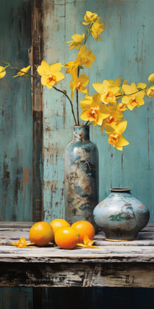 melons and antique metallic vases with yellow orchids, flowers, and leaves are displayed on a rustic wooden bench. the photo showcases the thick oil paint strokes on the canvas, highlighting vibrant colors and a sharp focus. the combination of melons, vases, and floral elements creates a perfect blend of artistry and rustic charm. ai generatedの素材