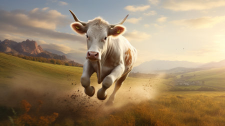 a cow galloping freely in a vast landscape, its manes flying in the wind and hooves leaving traces in the soft grass. the sun's warm light emphasizes the grace and strength of these animals, capturing the beauty and freedom of the animal world. impressive wallpaper, showcasing the cow's majestic presence and the serene surroundings. ai generatedの素材