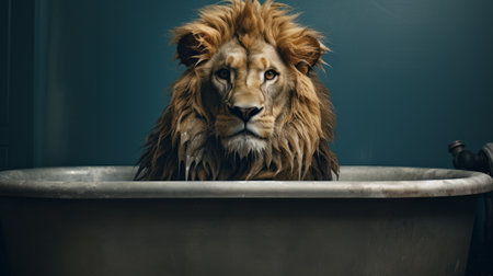 a lion wearing a long sleeve shirt sits in a large tub, creating a surreal and animated scene. this unique photograph captures the essence of mommy's on-the-phonecore style, with a touch of soggy minimalism. shot with a canon eos 5d mark iv, this image embodies the avant-garde aurorapunk aesthetic. ai generatedの素材