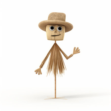 a cute scarecrow on a stick, resembling a simple and minimalistic childbook drawing. the design features soft and rounded forms, created by artist oscar dominguez. this 32k uhd image showcases the scarecrow in an oshare kei style, standing alone on a white background. ai generatedの素材