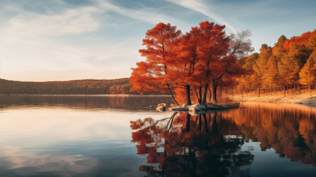 a plateau with a serene lake, surrounded by sycamore trees in full autumn splendor, reflecting vibrant colors on the calm water's surface. this tranquil scene evokes serenity and appreciation for the beauty of nature during the fall season. shot during golden hour, the image showcases soft, warm light illuminating the plateau. ai generatedの素材