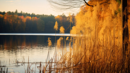 a serene lake surrounded by vibrant autumn-colored bamboo reflects its beauty on the calm water's surface. this tranquil scene captures the serenity and appreciation for nature's fall splendor. shot during golden hour, the image showcases the soft, warm light illuminating the plain, creating a peaceful ambiance. ai generatedの素材