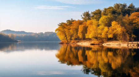 a serene lake surrounded by vibrant autumn-colored bamboo reflects its beauty on the calm water's surface. this tranquil scene captures the serenity and appreciation for nature's fall splendor. shot during golden hour, the image showcases the soft, warm light illuminating the plain, creating a peaceful ambiance. ai generatedの素材