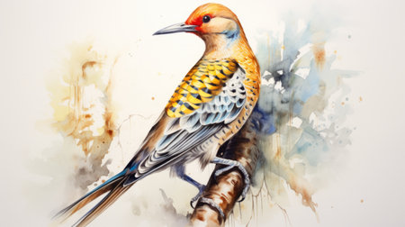a unique northern flicker watercolor painting showcasing the vibrant colors of a yellow northern flicker. this stunning artwork captures the iridescent beauty of the bird, with its tanzanite hues shining brightly. a true masterpiece in the kingdom of northern flickers. ai generatedの素材