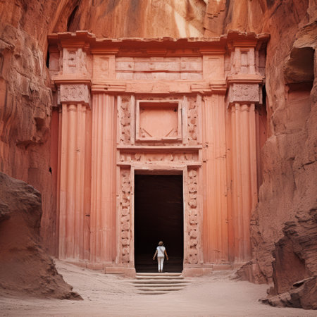 a boy walks out of a narrow canyon volcano, passing through a tall wooden gate showcasing gothic architecture. the gate features huge wood doors secured with metal bars and chains. in the silhouette, a knife and locks can be seen. the image is characterized by classicism with duotone, high contrast, and shades of orange, pink, and purple. the overall aesthetic is minimal and clean, withの素材
