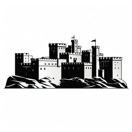 a minimalist line art depiction of raglan castle, showcasing the distinctive architecture, iconic silhouette, towers, and spires. the clean, precise lines capture the essence of its form and structure against a blank background. this minimalistic ink drawing on smooth paper highlights the castle's unique features and creates a visually striking image. ai generatedの素材