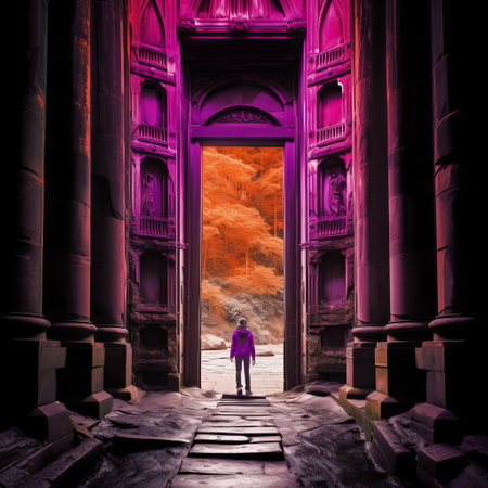 a boy walks out of a narrow canyon volcano, passing through a tall wooden gate showcasing gothic architecture. the gate features huge wood doors secured with metal bars and chains. in the silhouette, a knife and locks can be seen. the image is characterized by classicism with a duotone effect, high contrast, and shades of orange, pink, and purple. the overall aesthetic is minimal andの素材