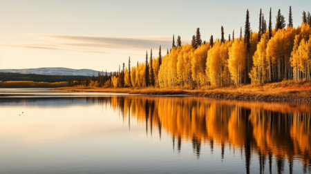 a serene lake in the tundra, surrounded by vibrant autumn-colored poplar trees, reflects their beauty on the calm water's surface. this tranquil scene captures the serenity and natural beauty of the fall season. shot during golden hour, the soft, warm light illuminates the tundra, enhancing its enchanting allure. ai generatedの素材