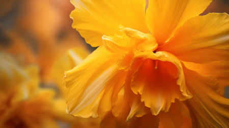 a close-up of a daffodil showcasing its stigma and anthers, capturing the intricate details, vivid hues, and a softly blurred backdrop. ai generatedの素材