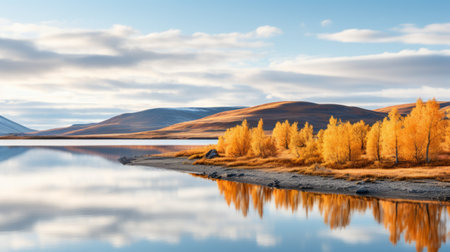 a serene lake in the tundra, surrounded by vibrant autumn-colored poplar trees, reflects their beauty on the calm water's surface. this tranquil scene captures the serenity and natural beauty of the fall season. shot during golden hour, the soft, warm light illuminates the tundra, enhancing its enchanting allure. ai generatedの素材