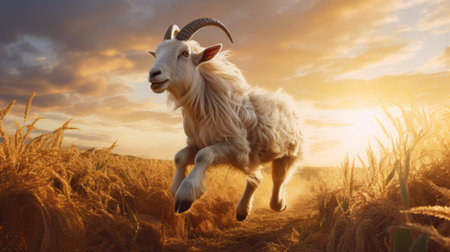 a goat galloping freely in a vast landscape, its manes flying in the wind and hooves leaving traces in the soft grass. the sun's warm light emphasizes the grace and strength of these animals, capturing the beauty and freedom of the animal world. impressive wallpaper, goat galloping, vast landscape, manes flying, hooves leaving traces, soft grass, warm light, grace, strength, beauty, freedom, animal world. aiの素材