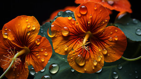 a close-up of a nasturtium flower showcasing its stigma and anthers, capturing the intricate details and vibrant colors. the sharp focus highlights the delicate structures, while the blurred background adds depth to the image. nasturtium, flower, close-up, stigma, anthers, details, vibrant colors, sharp focus, blurred background. ai generatedの素材