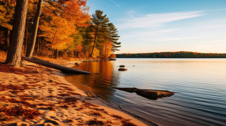 a serene lake surrounded by vibrant mahogany trees in full autumn splendor reflects their colors on the calm water's surface. this tranquil beach scene captures the beauty of nature during the fall season, with the soft, warm light of golden hour illuminating the surroundings. ai generatedの素材