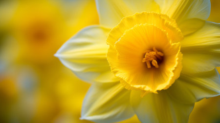 a close-up of a daffodil showcasing its stigma and anthers, capturing the intricate details, vivid hues, and a softly blurred backdrop. ai generatedの素材