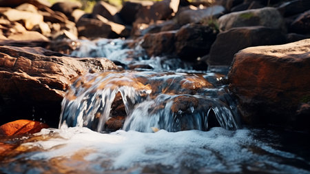 a stunning close-up photo of a majestic waterfall, capturing its godly beauty and realistic details. the vibrant and colorful rocks create a vivid contrast against the dry surroundings. shot with a 100mm lens at f/2.0, the image showcases an impressive depth of field and crispness. the natural lighting enhances the rich and elegant tones, while the black tones add a touch of drama. this 8kの素材