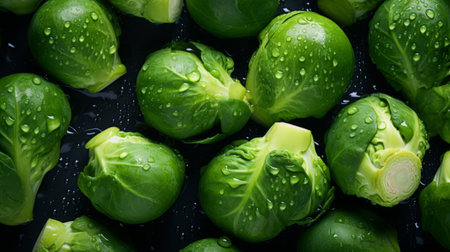 fresh brussels sprouts arranged in a top view, captured with a hasselblad camera in soft light. the seamless background enhances the vibrant colors of the sprouts, while sparkling raindrops add a touch of freshness. this award-winning photograph showcases high-end retouching and color grading, making it perfect for advertising and commercial purposes. with its high resolution and fine art quality, it is a stunning example ofの素材
