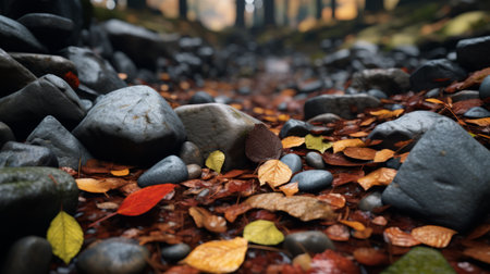 a stunning photo of a forest with a godly realistic close-up, showcasing the photo realism and vibrant colors of the rocks. the brittle and dry elements add an elegant touch to the scene, while the rich and vivid contrast creates a sense of depth. shot on a 100mm lens with an aperture of f/2.0, the natural lighting enhances the realistic and impressive details. this 8kの素材