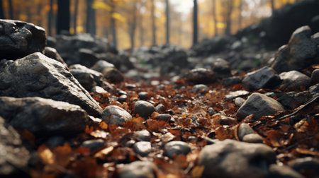 a stunning photo of a forest with a godly realistic close-up, showcasing the photo realism and vibrant colors of the rocks. the brittle and dry elements add an elegant touch to the scene, while the rich and vivid contrast creates depth of field. shot on a 100mm lens with an aperture of f/2.0, the natural lighting enhances the realistic and impressive details. this 8k uhdの素材