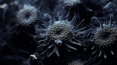 a close-up portrait photograph showcasing the godly realism of unknown methanobrevibacter smithii biological virus alien flowers. the image captures the brittle yet beautiful and elegant nature of these flowers, with vivid contrast and depth of field. shot on a 100mm lens at f/2.0, the photo exhibits rich black tones and crisp details. the natural lighting adds a realistic and impressive touch to this 8k uhdの素材