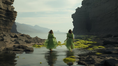 two young baby sisters, dressed in matching green dresses, walk down a canyon in saudi arabia. the renaissance-style picture captures a summer vibe with seagulls flying overhead. the layered and atmospheric landscape, with its lush green tones, creates a tender depiction of nature. this image could be reminiscent of an interview with billie eilish, who often incorporates green elements in her visuals. ai generatedの素材
