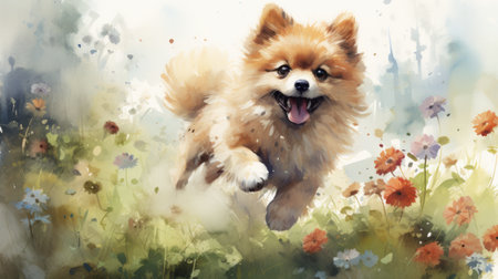 a pomeranian dog joyfully plays fetch in a lush green meadow. its tail wags with excitement as it retrieves the ball. this beautiful scene is captured in a high-detail watercolor painting, showcasing the pomeranian's charm and the vibrant colors of the meadow. perfect for art enthusiasts, this 16k artwork is a delightful addition to any collection. ai generatedの素材