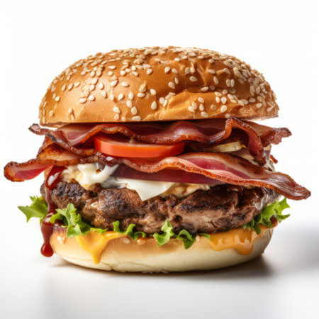 a mouthwatering burger with a juicy 180g beef patty, crispy bacon, and a special sauce, all sandwiched between a perfectly grilled bagel. ai generatedの素材