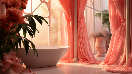 a german pilsner-inspired bathroom with a beauty art theme. the interior features flowing draperies, soft light, and exotic plants, creating a minimalistic and geometric atmosphere. the digitally enhanced german pilsner beauty painting adds a touch of elegance to the light red color scheme. ai generatedの素材