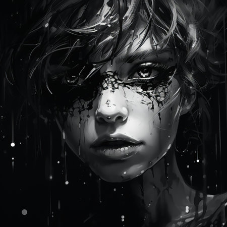 photorealism artwork on black paper with a digital and glitchy style. the moody black and white tones create a nightcore aesthetic, enhanced by the backlight. the piece also incorporates elements of primitivism and toycore, resulting in an expressionist artwork with emotional intensity. ai generatedの素材
