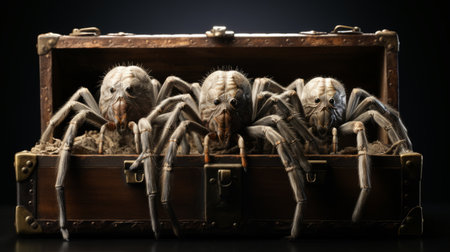 four tarantulas collaborating to transport a wooden box in various angles. the photo showcases a front view, rear view, and 3/4 view of the spiders. the image is cut out against a white background, illuminated evenly with ring lighting. rendered in 8k octane, the photo exhibits exceptional detail. ai generatedの素材