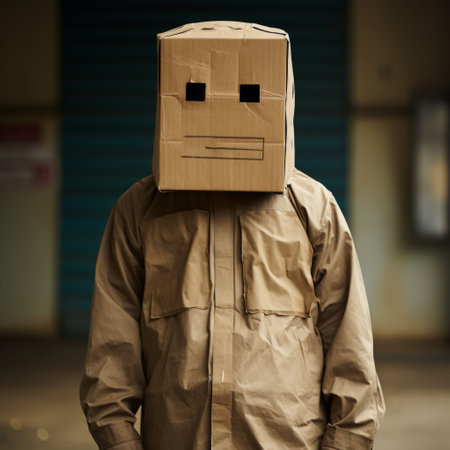a 3d model of b is depicted wearing a paper bag over their head, featuring a sad face drawn on it. the character is dressed in their iconic breaking bad: el camino costume, which appears dirty, ripped, and disheveled. with a protruding belly, this full-body shot showcases the character's appearance. the image is presented in stunning 8k resolution. ai generatedの素材