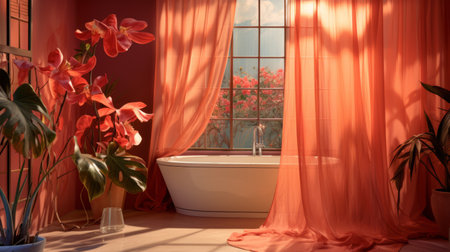 a german pilsner-inspired bathroom with a beauty art theme. the interior features flowing draperies, soft light, and exotic plants, creating a minimalistic and geometric atmosphere. the digitally enhanced german pilsner beauty painting adds a touch of elegance to the light red color scheme. ai generatedの素材