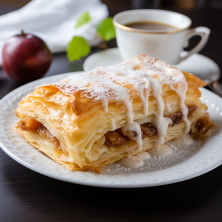 five delicious strudel pastries are arranged in an uneven row, perfectly complemented by a steaming cup of coffee. this top view photo showcases the light and airy texture of the pastries against a clean white background. the image has a 16:9 aspect ratio and is free from any blue tones. ai generatedの素材