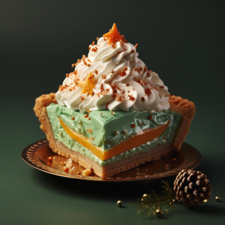 a pumpkin pie with green frosting in the shape of a christmas tree, adorned with colorful sprinkles, sits on a pristine white background. ai generatedの素材