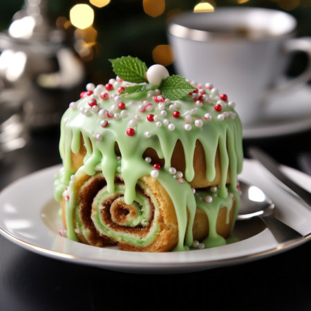 cinnamon rolls with green frosting shaped like a christmas tree and sprinkles on top, placed on a white background. ai generatedの素材