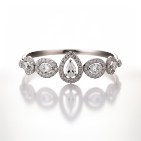 a stunning headband piece with a hollow halo design, adorned with drop-shaped diamonds, set in luxurious 18k white gold. this exquisite accessory exudes elegance and sophistication, making it the perfect addition to any special occasion ensemble. the dazzling diamonds and sleek white gold create a captivating contrast against the pristine white background. ai generatedの素材